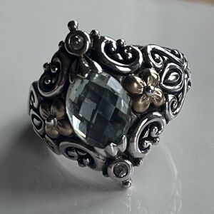 Barbara Bixby silver, 18kt gold ring with cz and green quartz stone, size 7.5